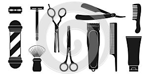 Barber and hairdresser icon set. Barbershop tools. Hair cut instruments with retro razor, comb or brush.